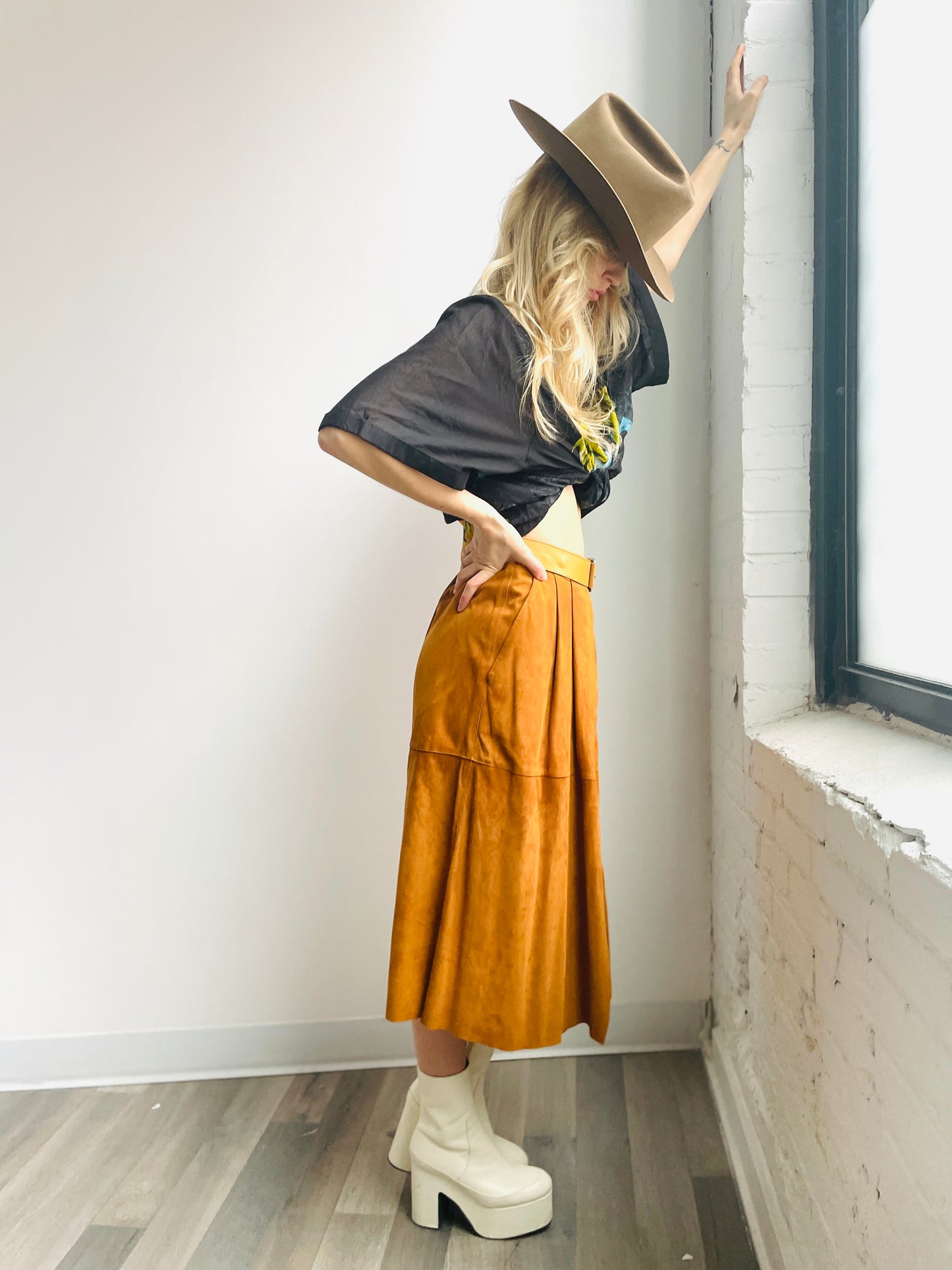 1990s Lamb Leather Suede Skirt Small