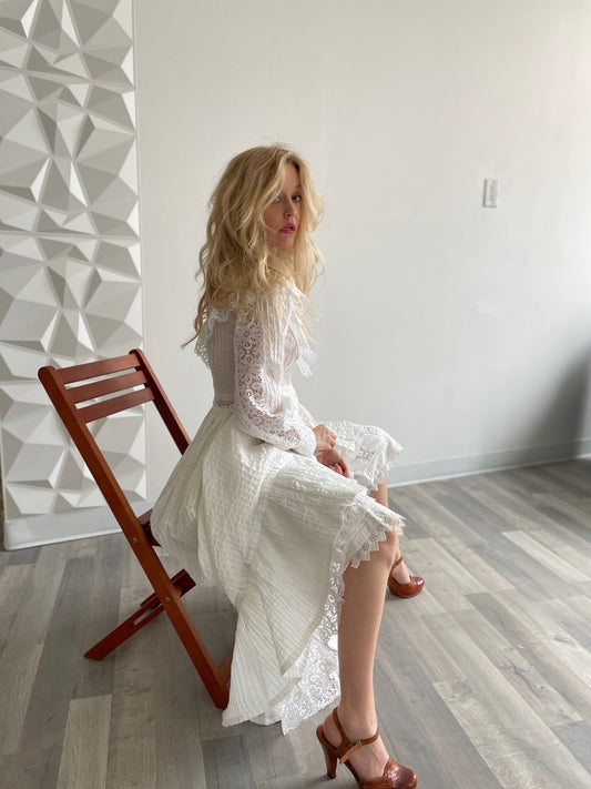 1960s Romantic White Cotton Lace Detail Dress XSmall/Small