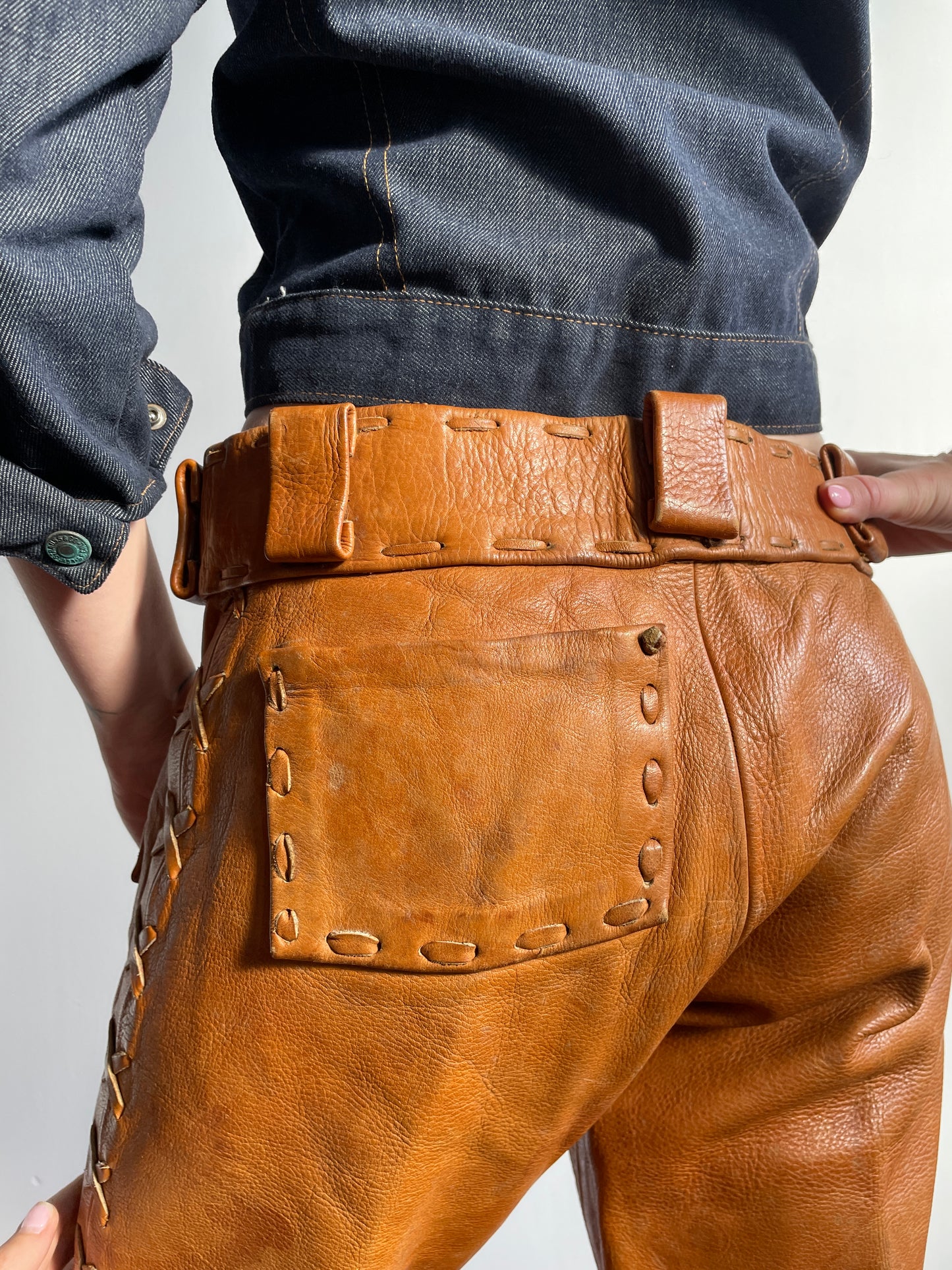 1960s Camel Hip Hugging Flared Leather Pants Medium