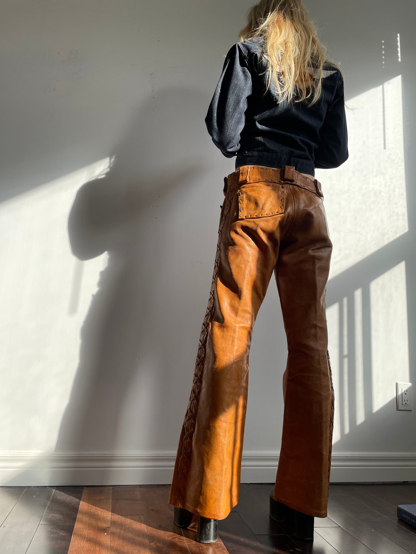 1960s Camel Hip Hugging Flared Leather Pants Medium