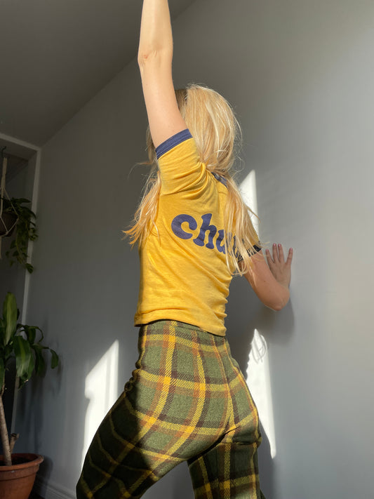 1970s " Chum" Calhoun Yellow & Navy 50/50 Ringer Tee XSmall