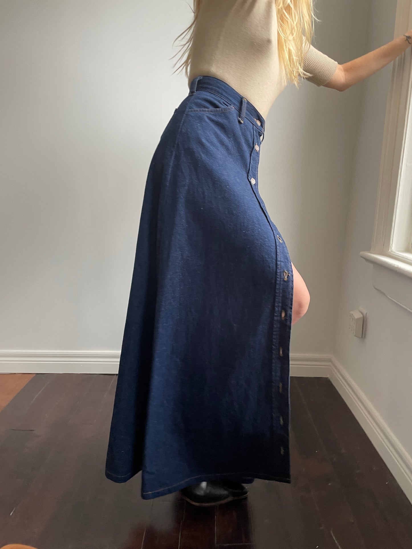 1970s Levis Indigo Denim Jean Button Up Skirt X-Small