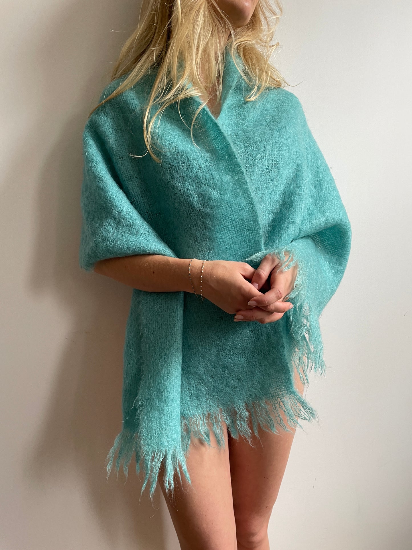 1960s Montrose Made in Scotland Turquoise Mohair & Wool Blend Scarf One Size