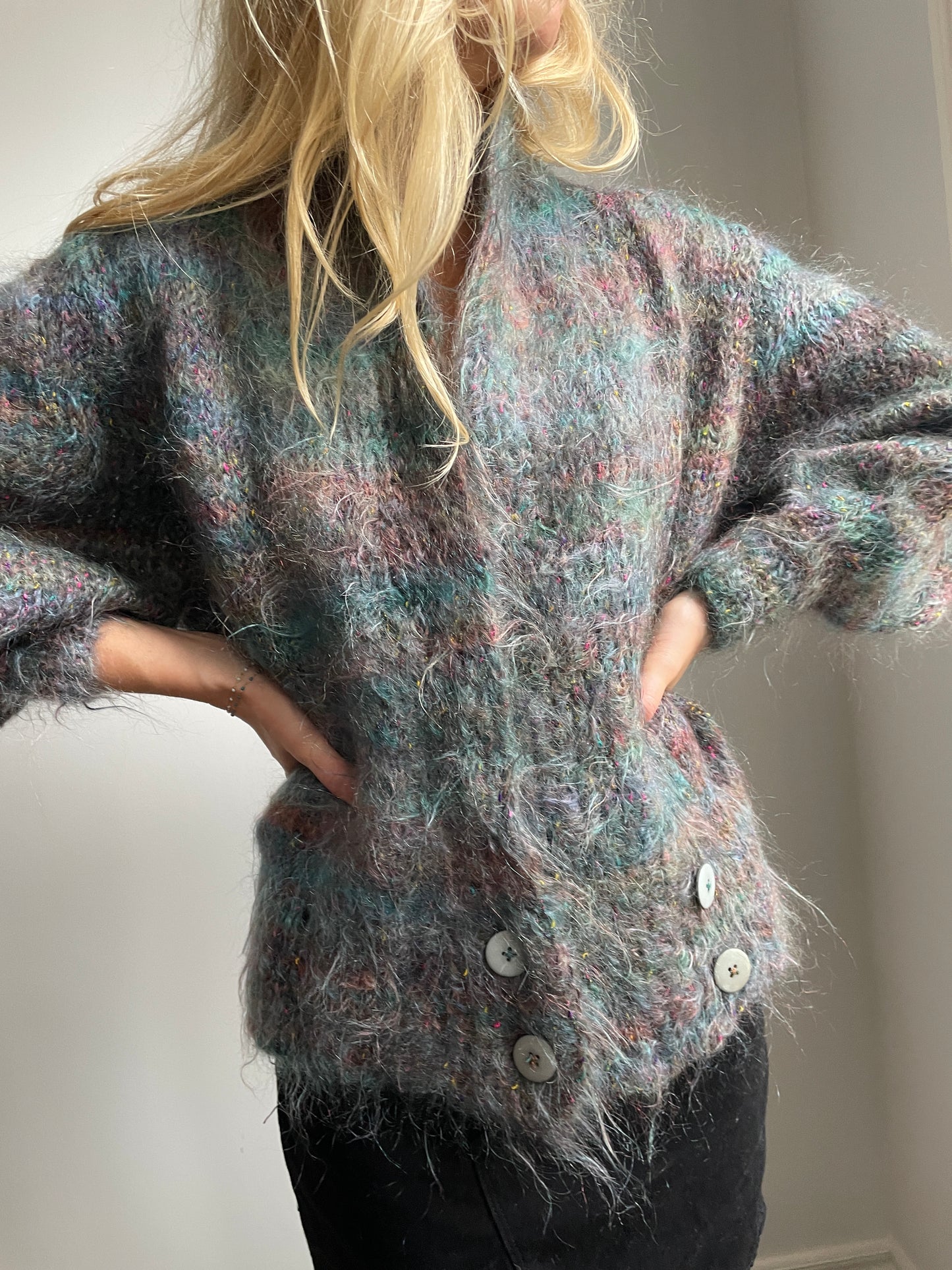 1980s High Lane Multi Colour Mohair Cardigan Small