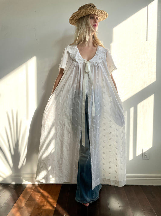 1970s White Eyelet Loungewear Beach Cover Up One Size