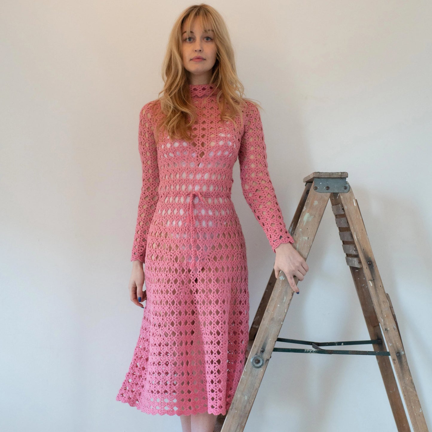 1970s Pink Crochet Dress Small