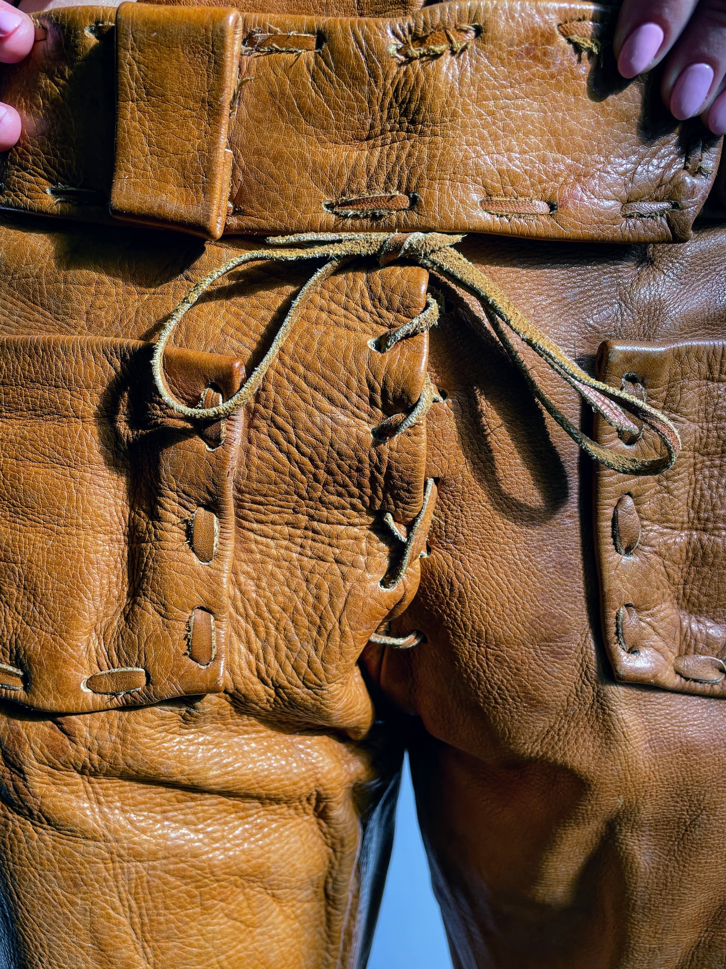1960s Camel Hip Hugging Flared Leather Pants Medium