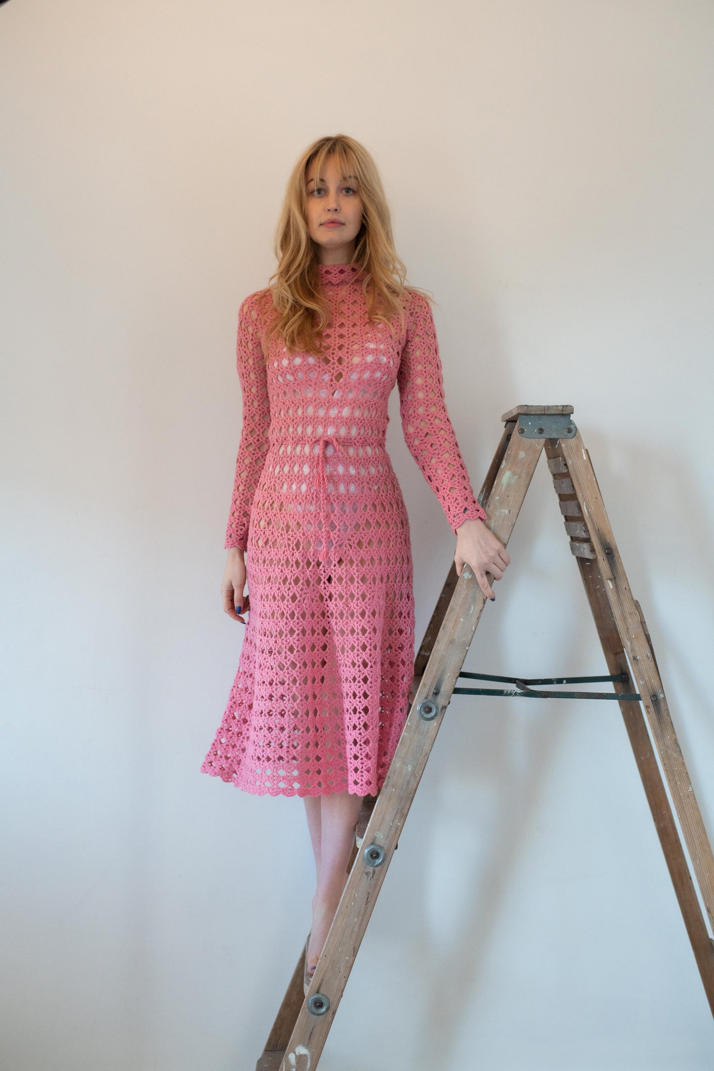 1970s Pink Crochet Dress Small