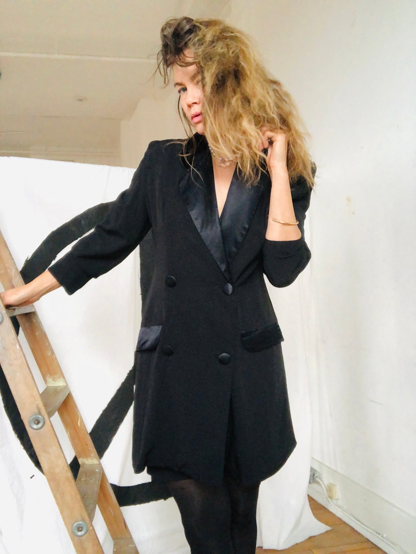 1990s Black Rayon Tuxedo One Piece Jacket with Shorts Medium